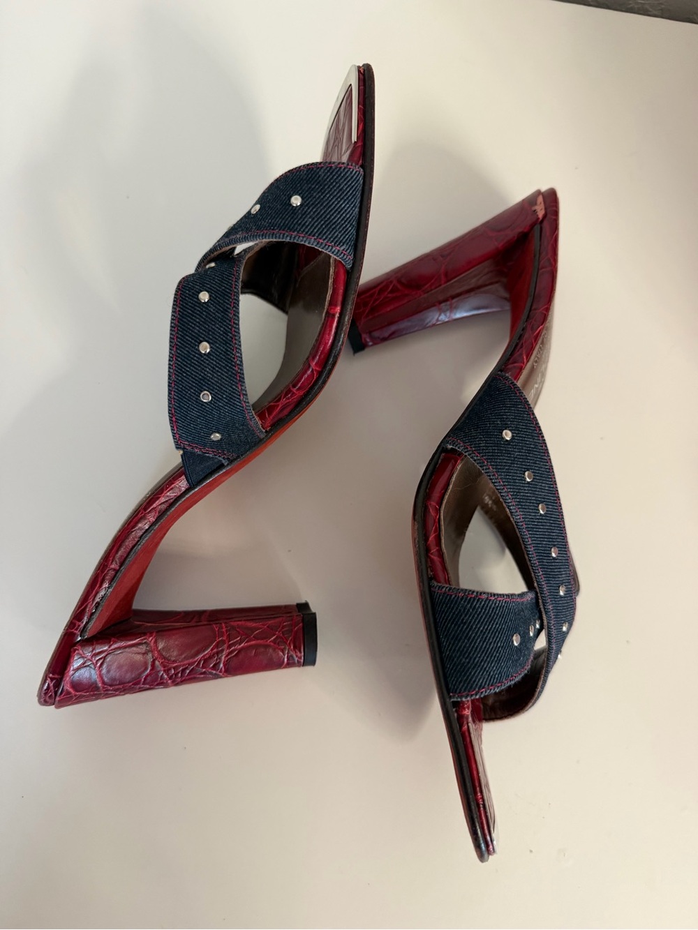 Donald J. Pliner | Red Croc-Embossed Denim Stud Mid-Heels - Picture 4 of 13